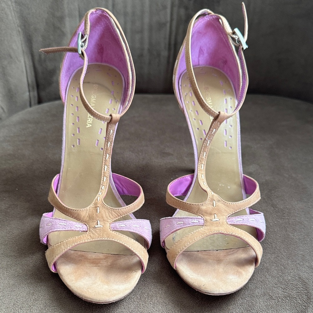BCBGMaxAzria Tan and Lavender T-Strap Heels